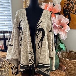 Vintage 90s/Y2K Kokopelli Black & Tan Funky Tribal Open Front Knit Cardi Sweater